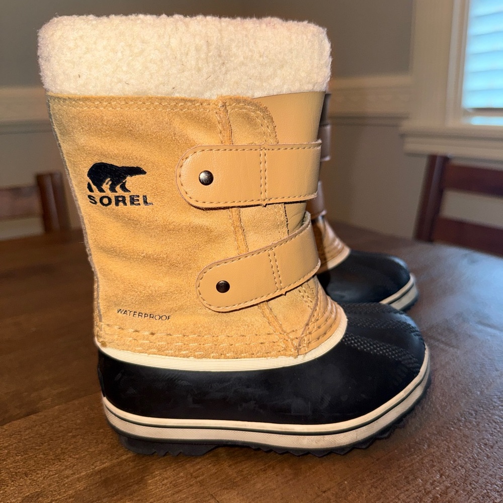 Sorel Tan and Black Waterproof Kids Winter Boots with Shearling Cuff